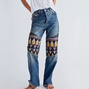 NWT FP WE THE FREE ROCKY MOUNTAIN CORDUROY PATCHWORK JEANS SZ 32